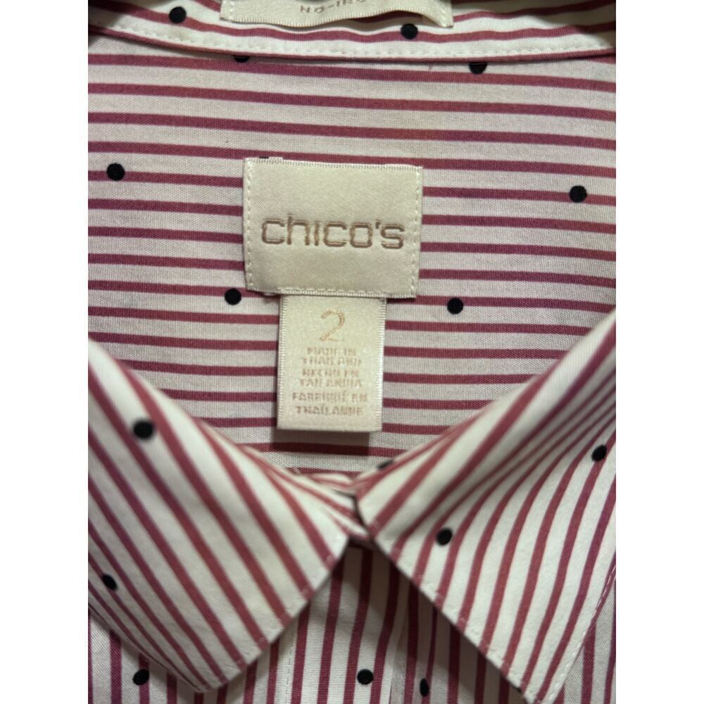 Chico's Red White Blue Polka Dots No Iron Button Up Collar Tunic Shirt Sz 2 (l) - Picture 5 of 11